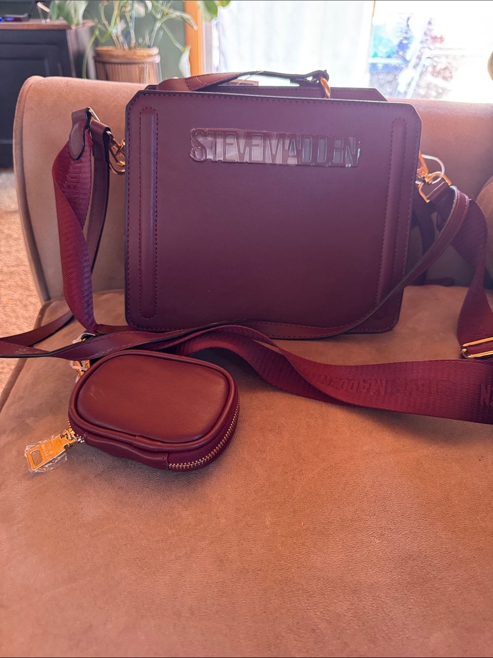 Steve Madden Wine Leather Crossbody with Matching Coin Pouch. NWT
